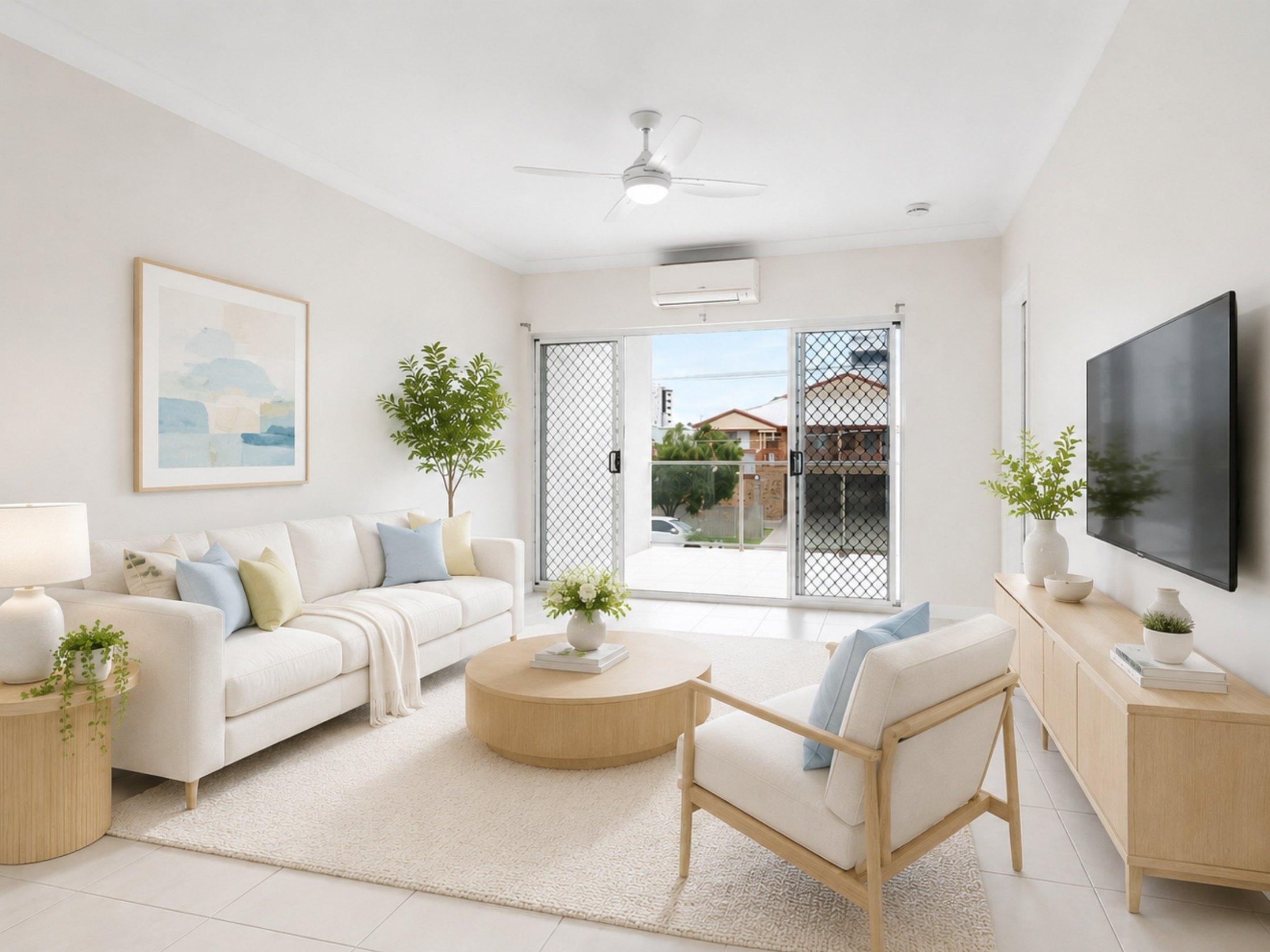 Living room of 5/35 Hall St, Chermside, virtually furnished, with timber floors and north-facing windows