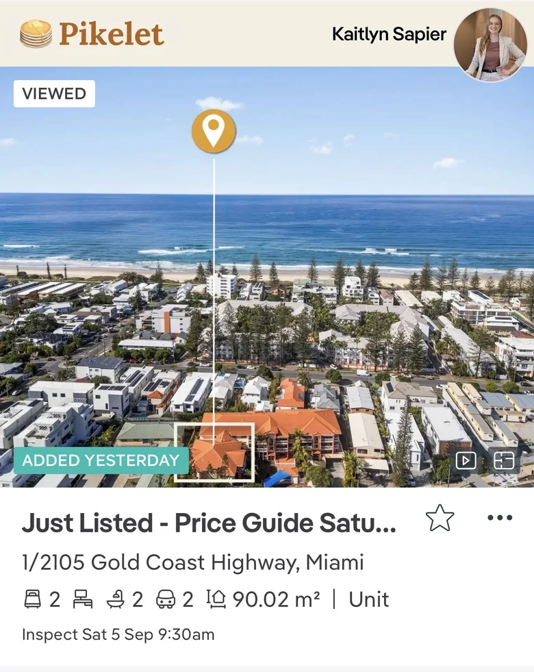 The Pikelet Premiere+ listing for 1/2105 Gold Coast Hwy, Miami, on the realestate.com.au app
