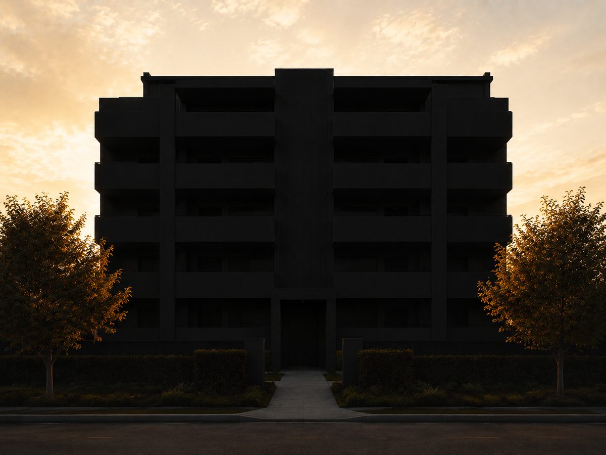 An apartment building in silhouette at dusk, standing in for the withheld Miami photo